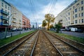 Tram tracks on Danziger StraÃÅ¸e, in Prenzlauer Berg, Berlin, Ger Royalty Free Stock Photo