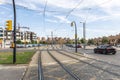 Tram tracks and power lines Royalty Free Stock Photo
