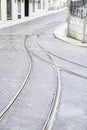 Tram tracks on a street in Lisbon