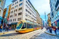 Tram on Via Torino stree, one of the main shopping areas in central Milan, Italy