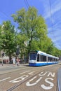 Tram waiting for green light in Amsterdam