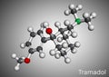 Tramadol molecule. It is synthetic psychotropic opioid analgesic, used for the therapy of severe pain. Molecular model