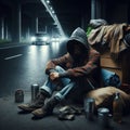 A tramp sitting on the side of the road.