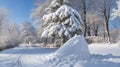 Trampled Path Through a Snow-Covered Lawn Leading to the Enchanting Forest.