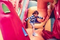 Trampoline boy child slide childhood. birthday Royalty Free Stock Photo