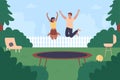 Trampoline family jumping vector illustration. Cartoon flat young people jump, have fun together, active happy jumper Royalty Free Stock Photo
