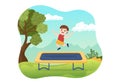 Trampoline Illustration with Little Kids Jumping On a Trampolines in Hand Drawn Flat Cartoon Summer Outdoor Activity Background