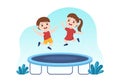 Trampoline Illustration with Little Kids Jumping On a Trampolines in Hand Drawn Flat Cartoon Summer Outdoor Activity Background