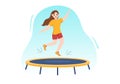 Trampoline Illustration with Youth Jumping On a Trampolines in Hand Drawn Flat Cartoon Summer Outdoor Activity Background Template