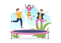 Trampoline Illustration with Youth Jumping On a Trampolines in Hand Drawn Flat Cartoon Summer Outdoor Activity Background Template