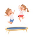 Trampoline jumping. Children sport games. Happy cartoon kids have fun. Isolated boy girl playing vector illustration