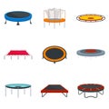 Trampoline jumping park joy icons set, flat style