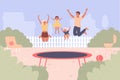 Trampoline jumping vector illustration, cartoon flat family people jump and have fun together, active happy jumper