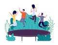 Trampoline jumping. Young happy people jump, teens activity. Entertainments in park, friends outdoor jumps. Active Royalty Free Stock Photo