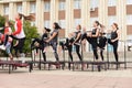 Trampoline training on the street. Orenburg, Russia, 02.08.19. sports performances, jumps. Outdoor fitness training.