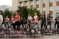 Trampoline training on the street. Orenburg, Russia, 02.08.19. sports performances, jumps. Outdoor fitness training.