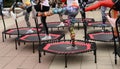 Trampoline training on the street. Orenburg, Russia, 02.08.19. sports performances, jumps. Outdoor fitness training.