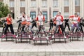 Trampoline training on the street. Orenburg, Russia, 02.08.19. sports performances, jumps. Outdoor fitness training.