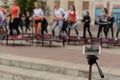 Trampoline training on the street. Orenburg, Russia, 02.08.19. sports performances, jumps. Outdoor fitness training.