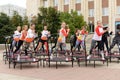 Trampoline training on the street. Orenburg, Russia, 02.08.19. sports performances, jumps. Outdoor fitness training.