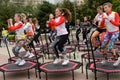 Trampoline training on the street. Orenburg, Russia, 02.08.19. sports performances, jumps. Outdoor fitness training.