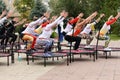 Trampoline training on the street. Orenburg, Russia, 02.08.19. sports performances, jumps. Outdoor fitness training.