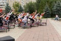 Trampoline training on the street. Orenburg, Russia, 02.08.19. sports performances, jumps. Outdoor fitness training.