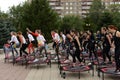 Trampoline training on the street. Orenburg, Russia, 02.08.19. sports performances, jumps. Outdoor fitness training.