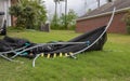 Trampoline twisted and mangled after storm Royalty Free Stock Photo