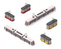 Vector isometric illustration of yellow, red and white trams. Railroad elements. Front and back. Old vintage and modern streetcars