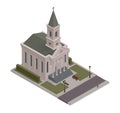 Vector isometric element representing christian catholic church with adjacent park, benches, road. Low poly, isolated, old gothic