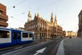 Trams at Dam square in Amsterdam the Netherlands.