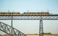 Trams of metro going via the Dom Luise I bridge between Porto and Vila Nova de Gaia. Royalty Free Stock Photo