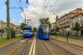 Trams in old part of Krakow at summer.