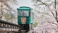 Trams are running through mountain ridges. Filled with cherry blossoms, which fullbloom in mid-April. The funaoka Sendai Royalty Free Stock Photo