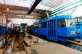 Trams in service depot. Maintenance and repairing of trams