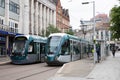 A trams on South Parade in Nottingham City Centre in the UK