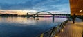 Tramway bridge over the river Danube in sunset. View from Belgrade Waterfront Royalty Free Stock Photo