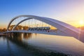 Tramway on the bridge at sunset Royalty Free Stock Photo