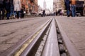 The tramway rails in the middle of the old cobblestone in the city Royalty Free Stock Photo