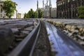 Tramway track seen from the ground level, old town Poznan, Poland