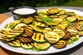 tranferring grilled zucchini slices onto a serving platter