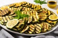 tranferring grilled zucchini slices onto a serving platter