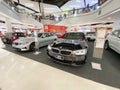 Trang, Thailand - February 2, 2020 BMW motor show in Robinson lifestyle department store. Front view of BMW 5, 3 series sedan 520d