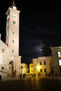 Trani Italy. The tower of the medieval Cathedral at Trani, built in limestone, Photographed at night.