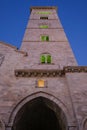 Trani Italy. The tower of the medieval Cathedral at Trani, built in limestone, located next to the port on the sea front.