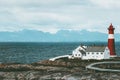 Tranoy Lighthouse Norway Landscape sea and mountains on background Travel