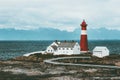 Tranoy Lighthouse Norway Landscape sea and mountains on background Travel scenery scandinavian Royalty Free Stock Photo