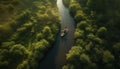 Tranquil aerial view of green forest, mountain, and nautical vessel generated by AI