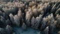 Tranquil aerial view of mountain range in winter, coniferous trees generated by AI